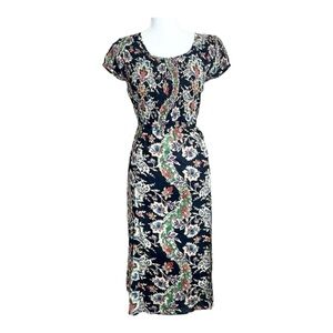 Take Two Clothing Co Navy Blue Floral Smocked Midi Dress Size Large